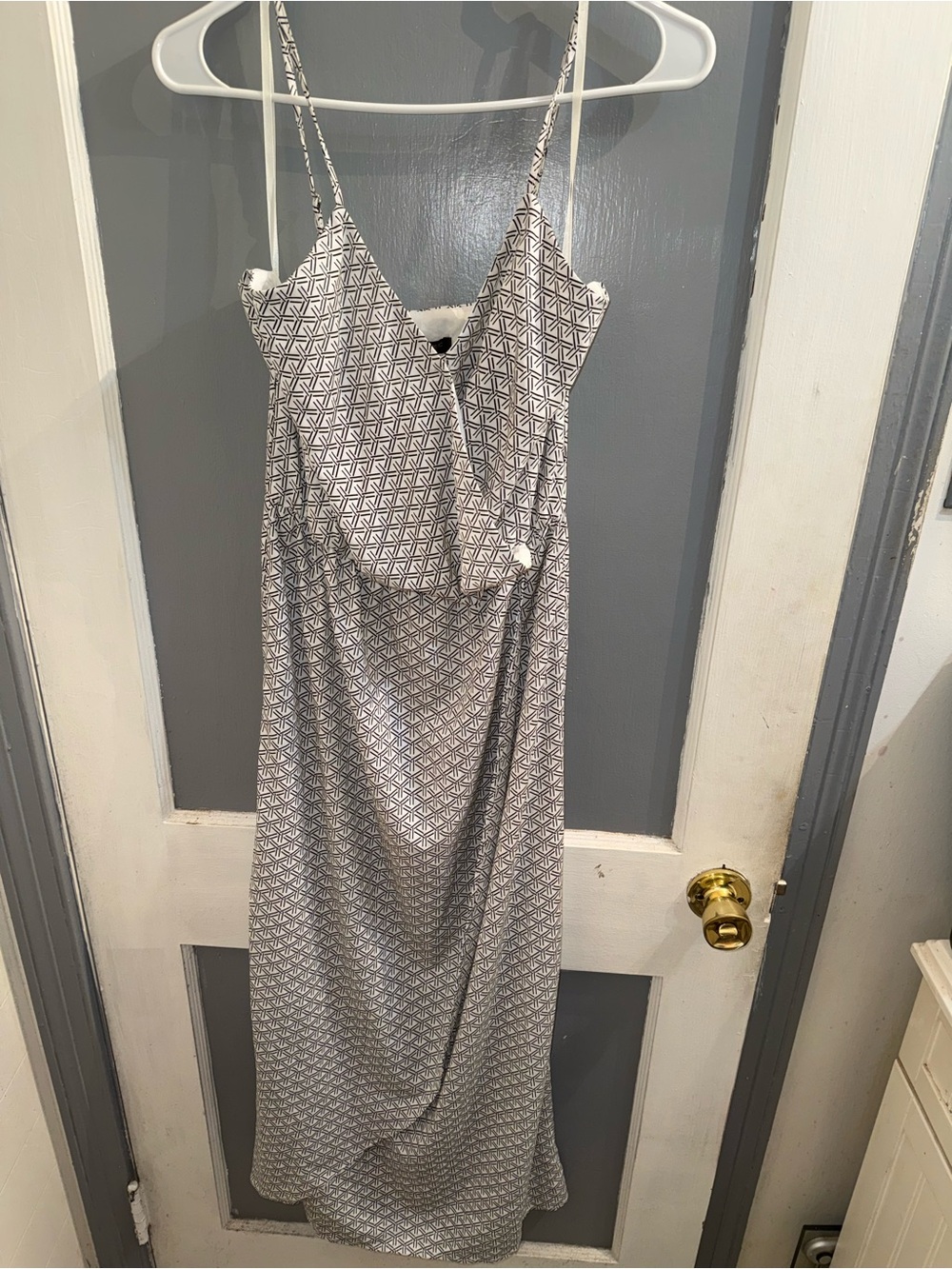 Banana Republic White and Gray Geometric Spaghetti-Strap Maxi Dress